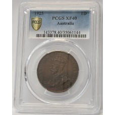 AUSTRALIA 1925 . ONE 1 PENNY . PCGS XF40